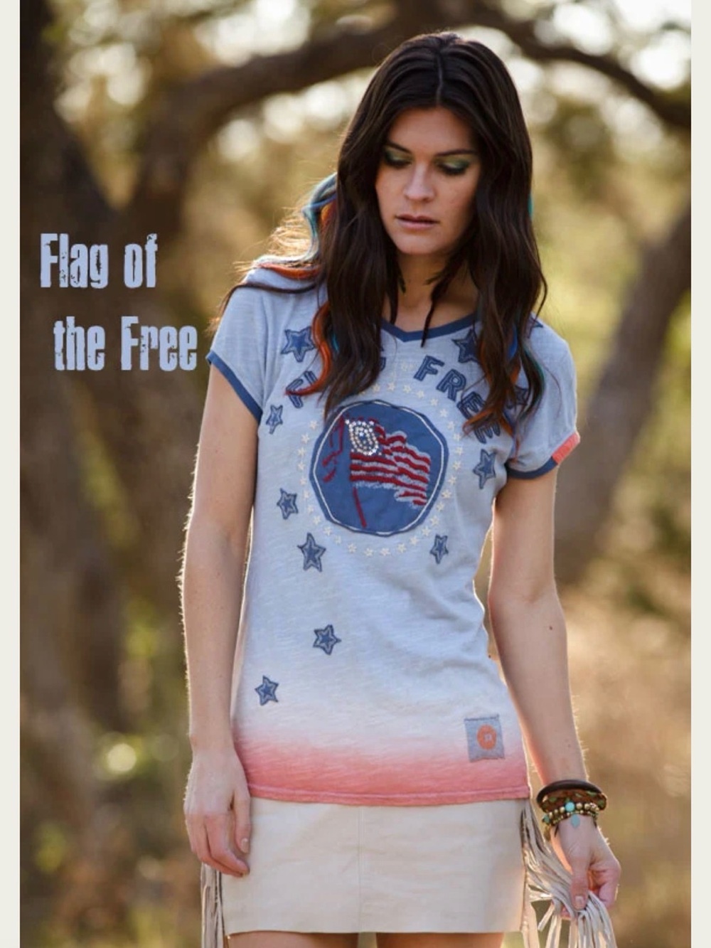 Double D Ranch Flag Ombré Graphic T Shirt Women’s L Patriotic Stars M *flaws*